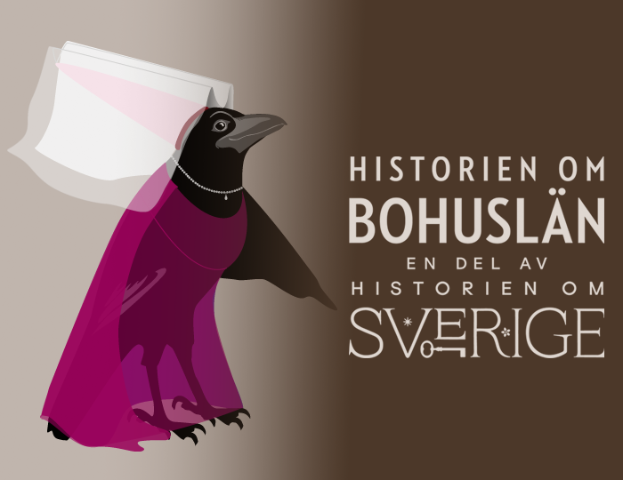 Tecknad korp i rosa medeltiddräkt och vit huvudbonad. Logga med texten Historien om Bohuslän en del av Historien om Sverige.