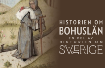 Teckning av gråklädd man med krycka och påse över axeln. Logga med texten Historien om Bohuslän en del av Historein om Sverige.