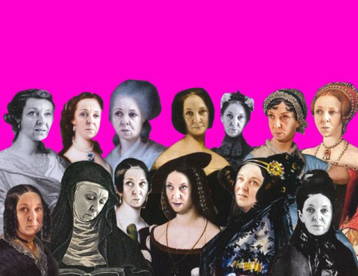 Kollage. Magenta bakgrund. I nederkant två rader med totalt 13 historiska personer. Varje persons ansikte är utbytt med ett inklippt kvinnoansikte.