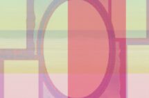 Abstrakt konst. Geometriska former: en oval och rektanglar i lila och vinröda linjer ovanpå en horisontellt målade färger i olika nyanser av grönt och rosa.