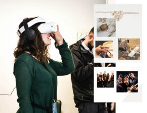 Fotokollage. Till vänster kvinna tittar i vita VR glasögon i ett vitt rum. TIll höger fem små kvadratiska foton på, hantverk, flygplan, musiker.