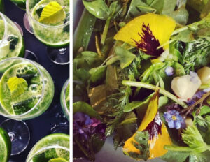 Foto. Till vänster närbild på grön drink i glas, till höger närbild på grön sallad med blommor i.