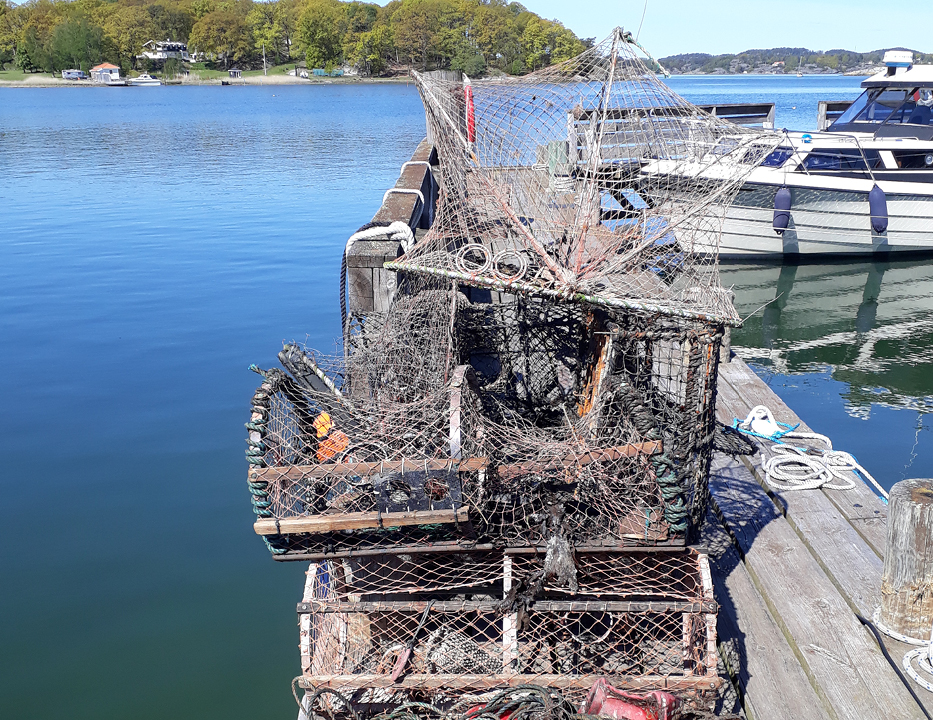Foto. Brygga i spegelblankt blått hav, blå himmel i horisonten och en strimma skog. Båt förtöjd vid bryggan. På bryggan massor av fiskeredskap: nät, gamla tinor osv.