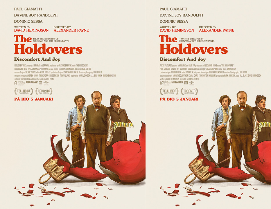 Filmaffisch, illustration. I spillrorna av en trasig röd julkula står tre personer. En ung man till vänster med armen i bandage. En medelåldersman i mitten. En medelålderskvinna till höger som tittar mot betraktaren utan att le.