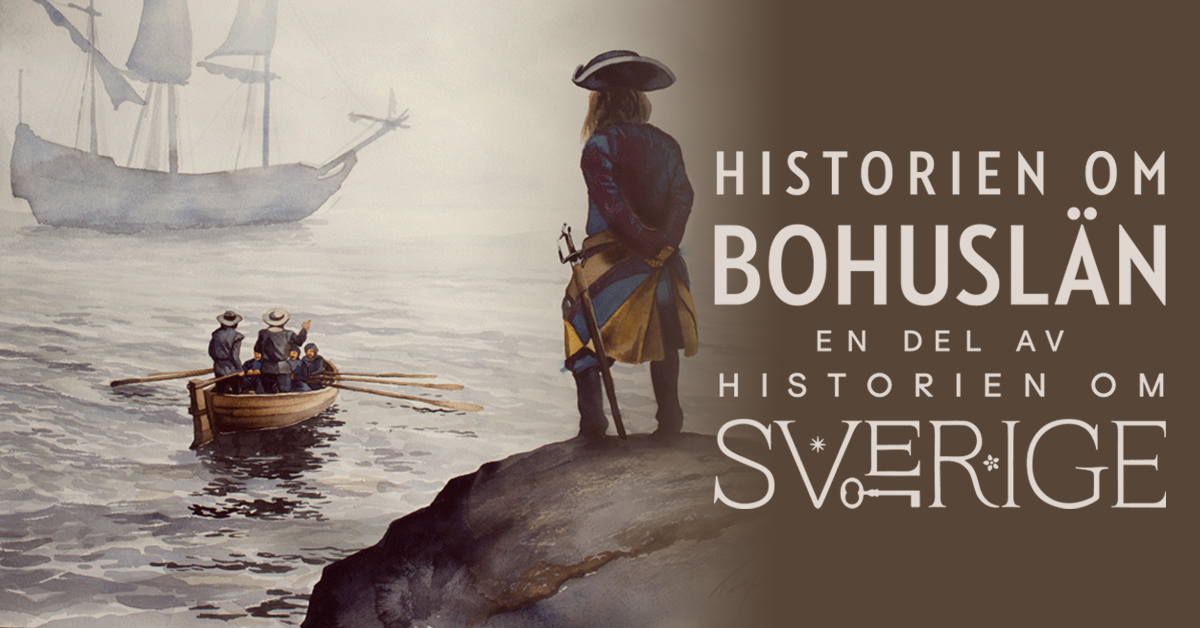 Målning. I förgrunden står en man med blågul rock, trekornshatt och sabel och inväntar en eka med tre passagerare.
