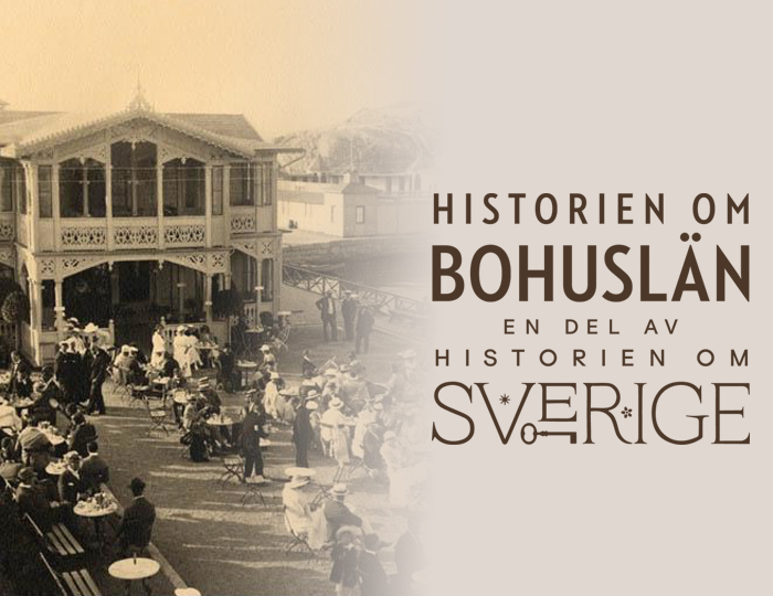 Svartvitt foto. Badortsrestaurang med snickarglädje. Logga med texten Historien om Bohuslän - en del av historien om Sverige