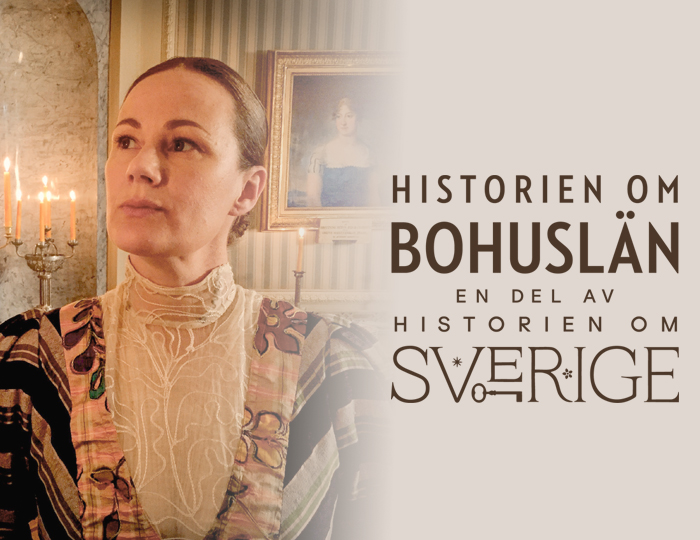 Foto. Bröstbild av kvinna med höghalsad blus och bakåtstruket hår. Logga med texten Historien om Bohuslän - en del av historien om Sverige