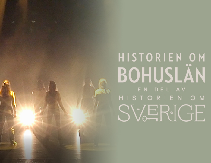 Foto: Tre personer dansar med stark belysning i bakgrunden. Logga med texten Historien om Bohuslän - en del av historien om Sverige.