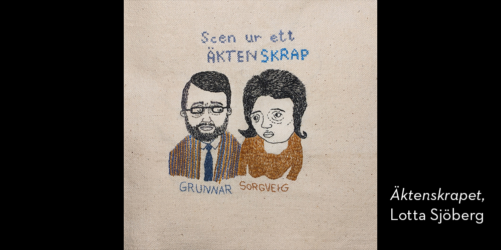 Brodera. Ett brunklätt, medelålders par. Man och kvinna.