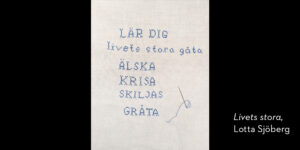 Broderi. Blå tråd broderat i fristygn 