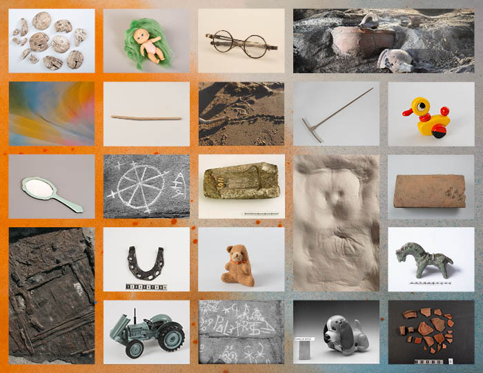 Foto-kollage. Ett stort antal bilder på arkeologiska föremål, utgrävningar och lämningar.