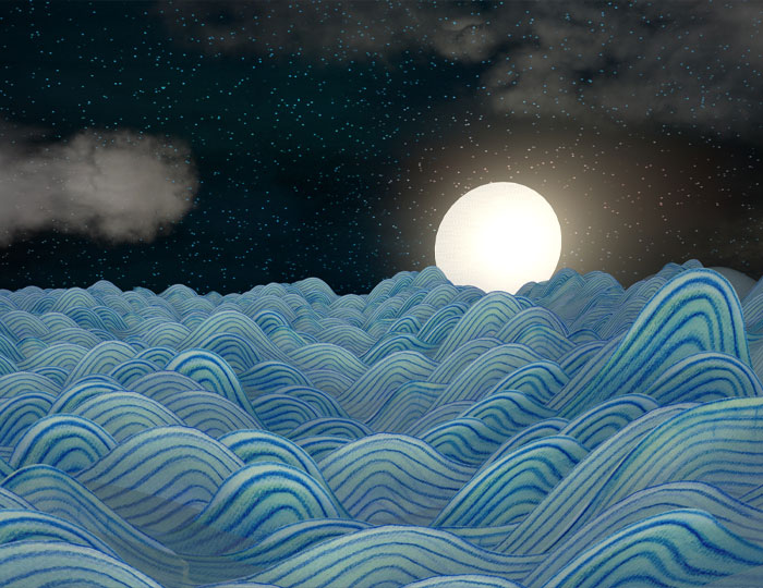 Illustration. En horisont med blå vågor och en måne som lyser på en mörk himmel med moln.